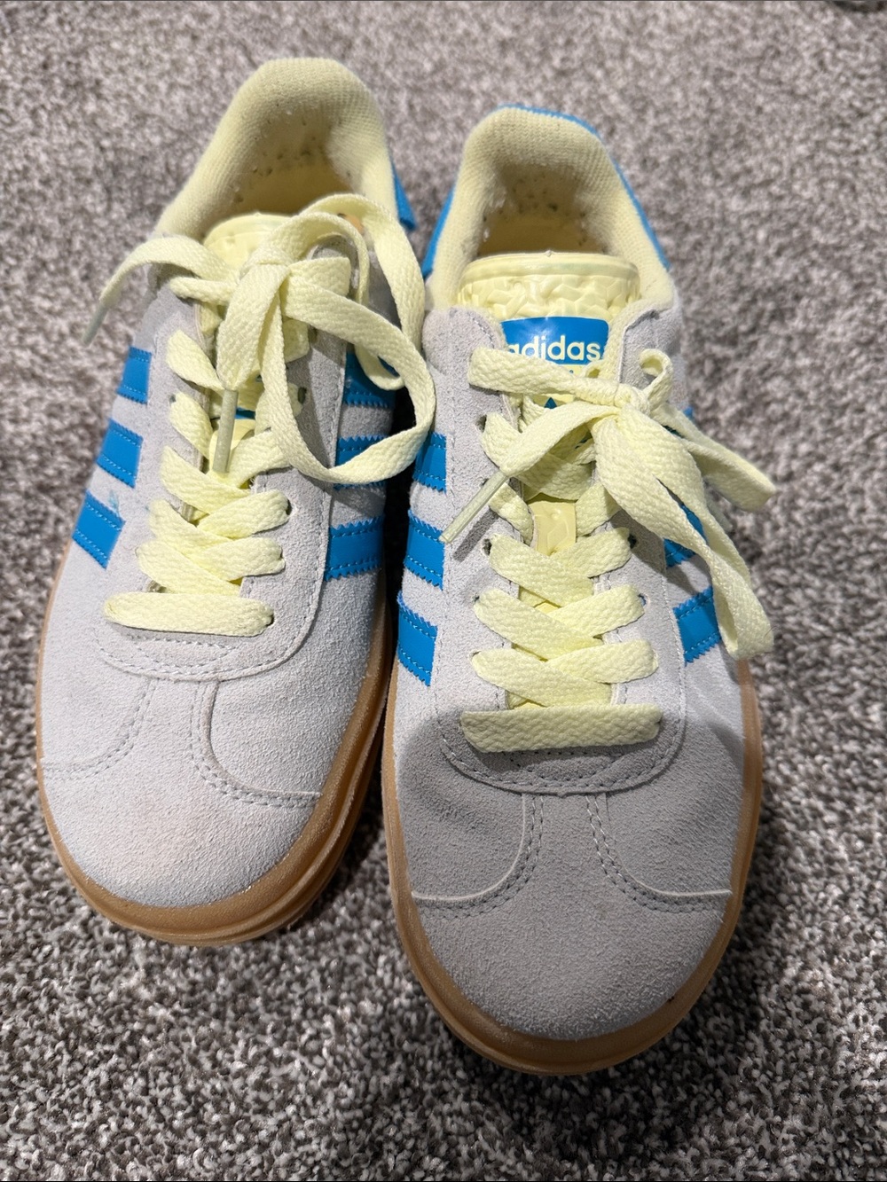 adidas Kids Light Gray Suede Sneakers with Blue Stripes and Yellow Laces